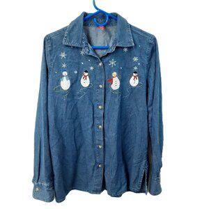 Unbranded Denim Top Size M Long Sleeve Christmas Winter Holiday Button-up Snow